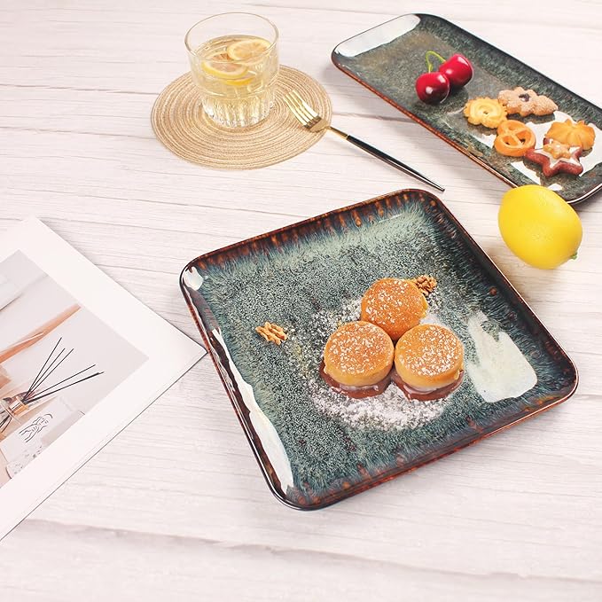 Ceramic Dinner Plates Dish Set Set of 4 Microwave Oven and Dishwasher Safe Scratch Resistant Dinnerware Kitchen Porcelain Serving Dishes 9 inch Square plate