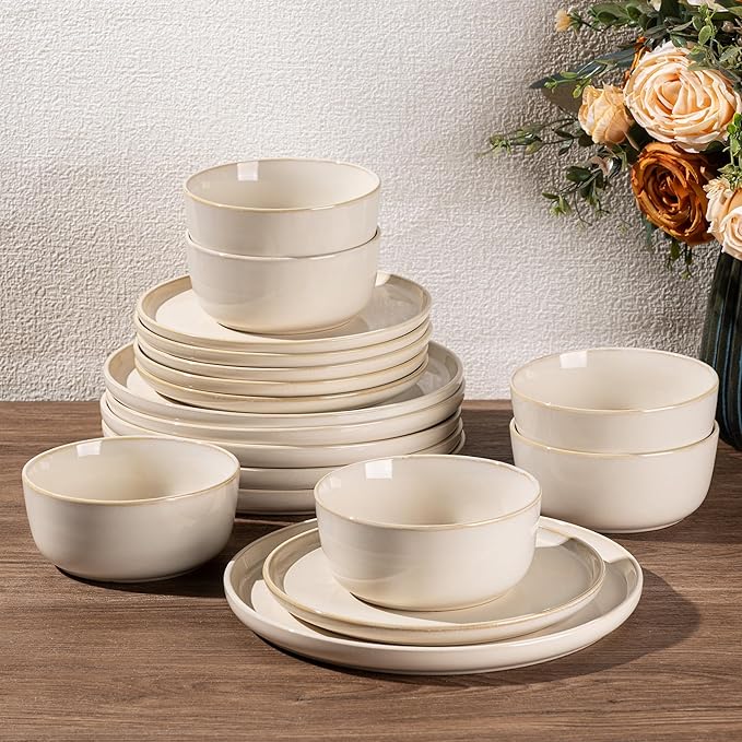 GBHOME Dinnerware Sets for 4 12 Pieces Stoneware Plates and Bowls Sets Scratch Resistant Dishes Dishwasher &amp Microwave Safe Reactive Glaze-Vanilla color