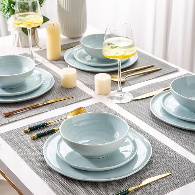 LERATIO Ceramic Dinnerware Sets for 6Porcelain Plates and Bowls Sets with Wavy EdgeMicrowave &amp Dishwasher &amp Oven SafeLight Weight &amp Scratch Resistant Dishes Sets-Light Blue(18pcs)
