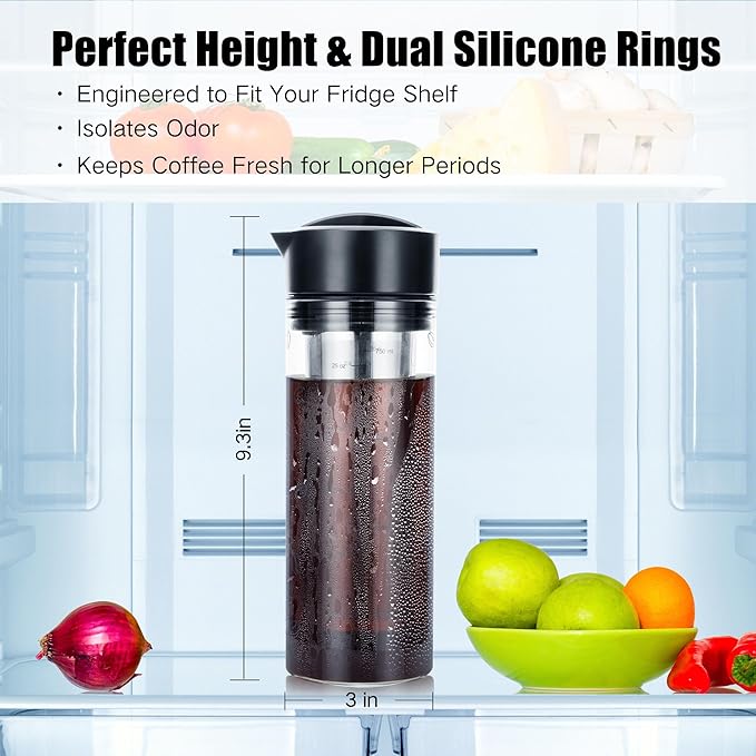 25oz Cold Brew Coffee Maker 4 Cup Capacity Tea Maker Iced Coffee Pot Cold Heat Resistant Borosilicate Glass Carafe Stainless Steel Mesh Filter Basket and Black Freshness Lid