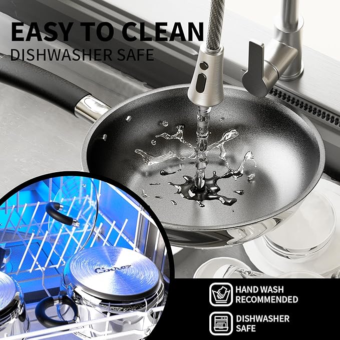 Pots and Pans Set Non Stick Stainless Steel Cookware Set of 6 Frying Pans 5 Ply Base Dishwasher Safe