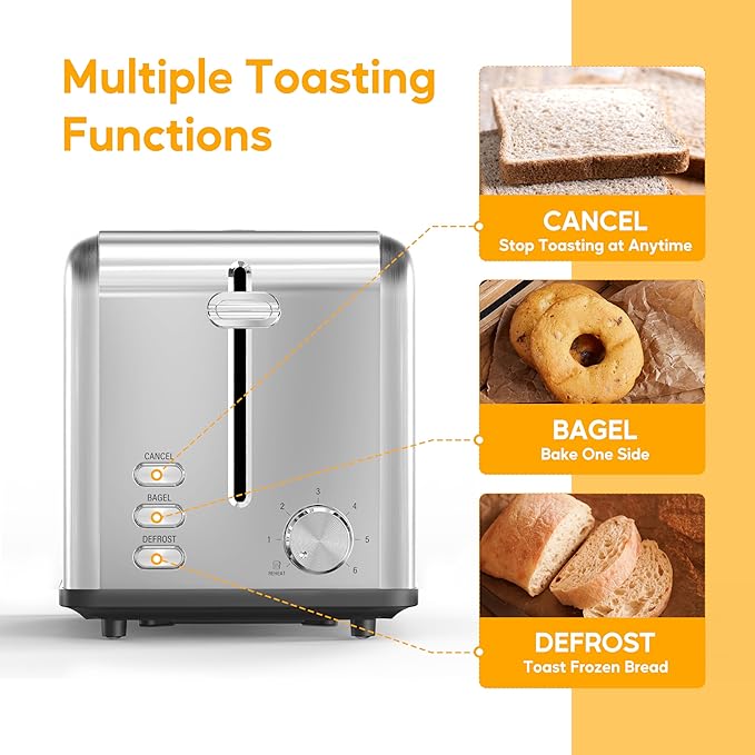 HealSmart 2-Slice Stainless Steel Toaster 6 Browning Setting and 3 Function Toaster Extra Wide Slot &amp Removable Crumb Tray for Bread &amp Waffle Silver