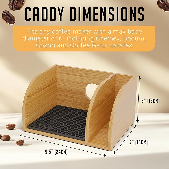 HEXNUB Caddy and Lid for Pour Over Coffee Maker Bamboo Stand fits Chemex Bodum Cosori Coffee Carafes Heatproof Mat Filter Holder - Black Mat