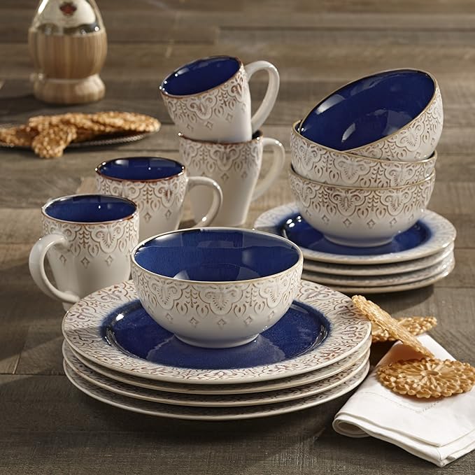 American Atelier Round Dinnerware Sets | Blue Kitchen Plates Bowls and Mugs | 16 Piece Stoneware Granada Collection | Dishwasher &amp Microwave Safe | Service for 4