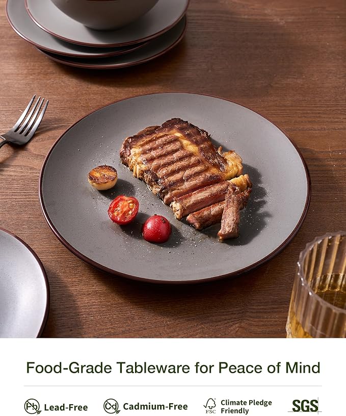Famiware Venus Speckled Dinnerware Set with Pasta Bowls for 4 (16 Pieces) Stoneware Plates and Double Bowls Matte Dark Gray - Microwave &amp Dishwasher Safe Dishes with Trim for Everyday &amp Form
