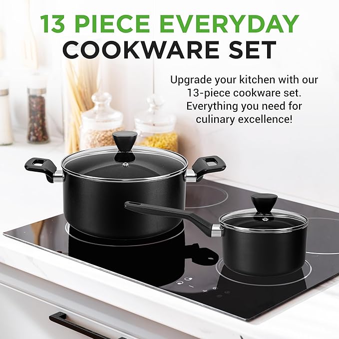 NutriChef 13-Piece Nonstick Cookware - Heat Resistant Kitchen Ware Set w/Saucepan Frying Pans Cooking Pots Casserole Lids Ladle Fork Strainer - NCCWA13 Black