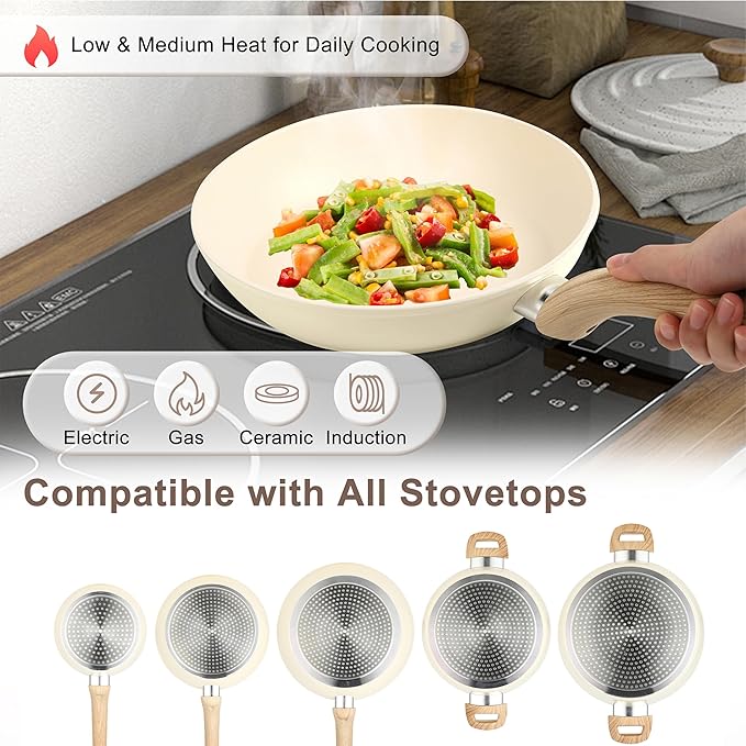 FAB&ampDELUXE 11Pcs Nonstick Cookware Set Aluminum Nonstick Pots and Pans with Lids &amp Wooden Handles Silicone Spoons &amp Spatulas Non-toxic Healthy Kitchen Cooking Sets PFAS &amp PFOA Free