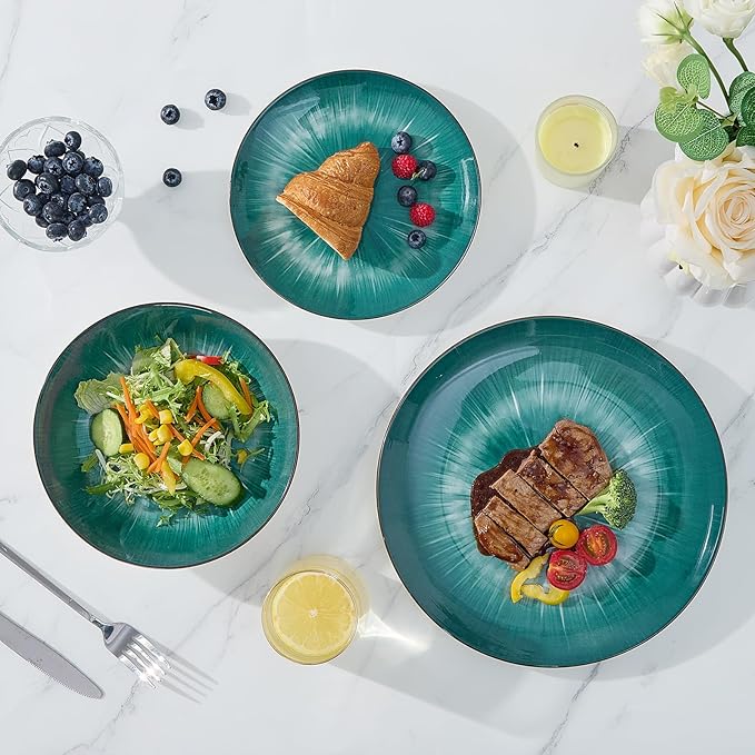 Bestone Porcelain Dinnerware Sets Service for 4 12 pcs Hand drawn Plates and Bowls Sets Handmade Ceramic Dish Set Chip Resistant Modern Plate Set Dishwasher/Microwave SafeStarburst Green