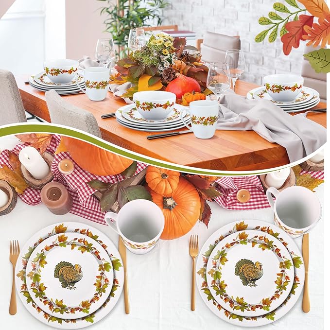 16 Pcs Thanksgiving Dinnerware Sets for 4 Rustic Autumn Tableware Fall Thanksgiving Salad Plate Harvest Soup Cereal Bowl Mug Dinnerware Sets with Berry Fall Maple Leaves Turkey Service