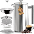 Utopia Kitchen 304 Grade Stainless Steel French Press Coffee Maker 34 Oz Double Wall Insulated Coffee Press with 4-Level Filtration System Include 2 Extra Filters Rust-Free Dishwasher Safe Silver