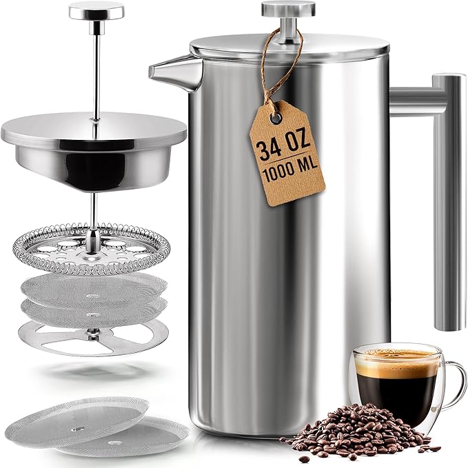 Utopia Kitchen 304 Grade Stainless Steel French Press Coffee Maker 34 Oz Double Wall Insulated Coffee Press with 4-Level Filtration System Include 2 Extra Filters Rust-Free Dishwasher Safe Silver