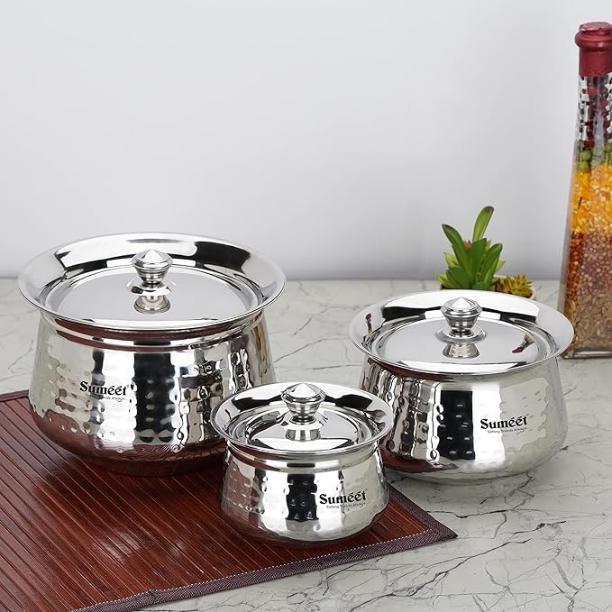 Sumeet Stainless Steel Handcrafted Hammered Texture Handi Set with Lid for Kitchen Set of 3 460ml 950ml &amp 1700ml Silver