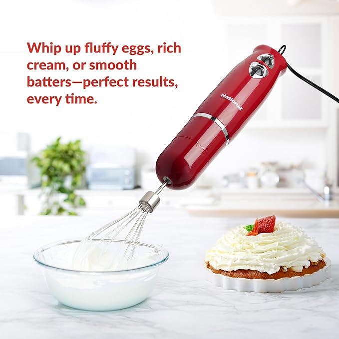 National NA-3104HB 4-in-1 Multi-Purpose Immersion Hand Blender Blend Puree Mash Chop and Whisk Two Speeds Splash Control and ETL Approved with Interchangeable Attachments (Red)