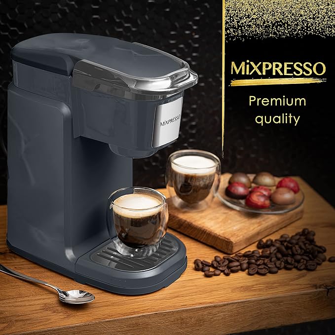 Mixpresso Single Cup Coffee Brewer - Quick Brew One Touch Function 12oz One Cup Grey Coffee Maker