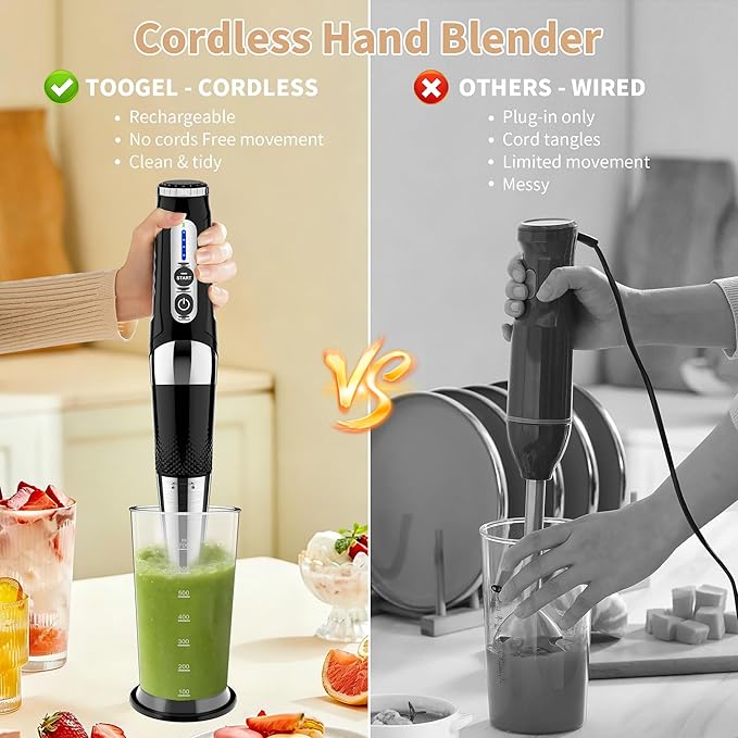 Toogel Cordless Immersion Blender 4-in-1 Electric Hand Blender with 21-Speed &amp 3-Angle Adjust USB Rechargeable BPA-Free &amp Dishwasher Safe for Baby Food Smoothies Soup (Black)