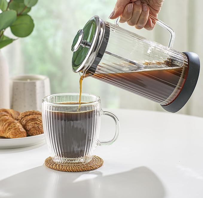 JoyJolt Fluted French Press Coffee and Tea Maker Set 33.8oz Stainless Steel Press Borosilicate Glass Coffee Press Cold Brew Portable French Press Tea Press Large clear