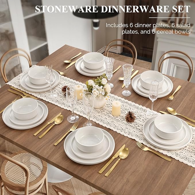 Vesteel 18-Piece Dinnerware set Ceramic Plates and Bowls set for 6 Speckled Stoneware Dishes Set for Family Microwave &amp Dishwasher Safe - Speckled White
