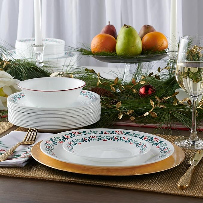 Corelle Vitrelle 18-Piece Christmas Service for 6 Dinnerware Set Triple Layer Glass and Chip Resistant Lightweight Round Holiday Plates and Bowls Set Winter Berries