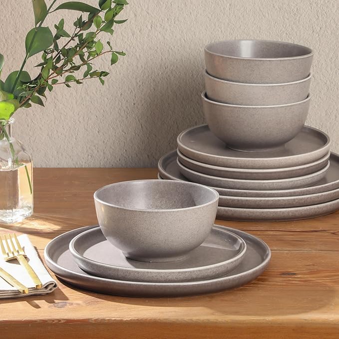 Gibson Elite 12 Piece (Service for 4) Eden Rock Plates and Bowls Reactive Glaze Round Dishes Stoneware Ceramic Dinnerware Set - Grey