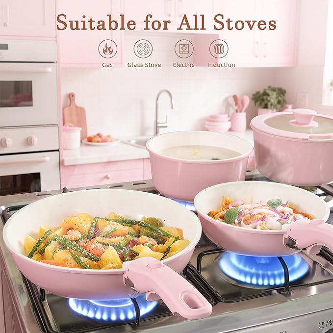 Astercook 20 Pcs Ceramic Pots and Pans Set Nonstick Cookware Set with Detachable Handles Oven Safe to 480°F Induction Compatible Stackable RV Kitchen Cooking Set Pink