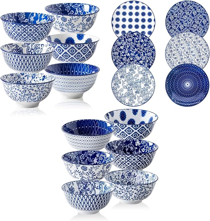 18 Pieces Ceramic Dinnerware - 12 Oz Dessert Bowls and 10.5 Inch Dinner Plates and 24 Oz Cereal Bowls Sets - Service for 6 - Vintage Blue