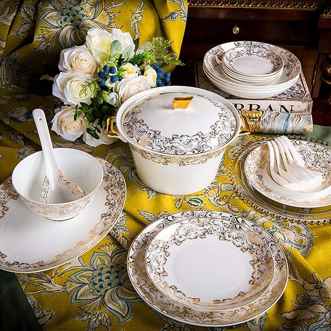 Kitchen Tableware SetCeramics Dinnerware Set European Style High-end Porcelain Dishware Set with Soup Pot and Cereal Bowl 48 Pieces Bone China Dinner Sets for Family G