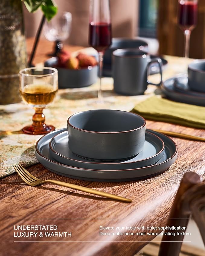 Famiware Nebula Ridge Stoneware Dinnerware Sets for 8 24 Pieces Plates and Bowls Sets Dishes Set Microwave and Dishwasher Safe Kitchen Plates Charcoal