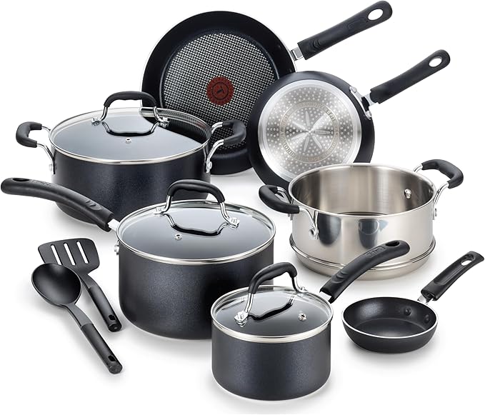 T-fal Experience Nonstick Cookware Set 12 Piece Induction Oven Broiler Safe 350F Kitchen Cooking Set w/Fry Pans Saucepan Stockpot Kitchen Utensils Pots and Pans Dishwasher Safe Black