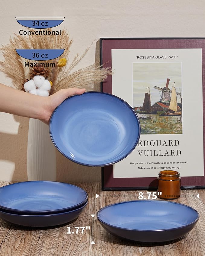 16 Piece Double Bowl Dinnerware Sets for 4-Modern Blue Stoneware Dinnerware Set-Scratch Resistant Dishwasher Safe Plates and Bowls Sets Ceramic Dish Set Bowl and Plate Set