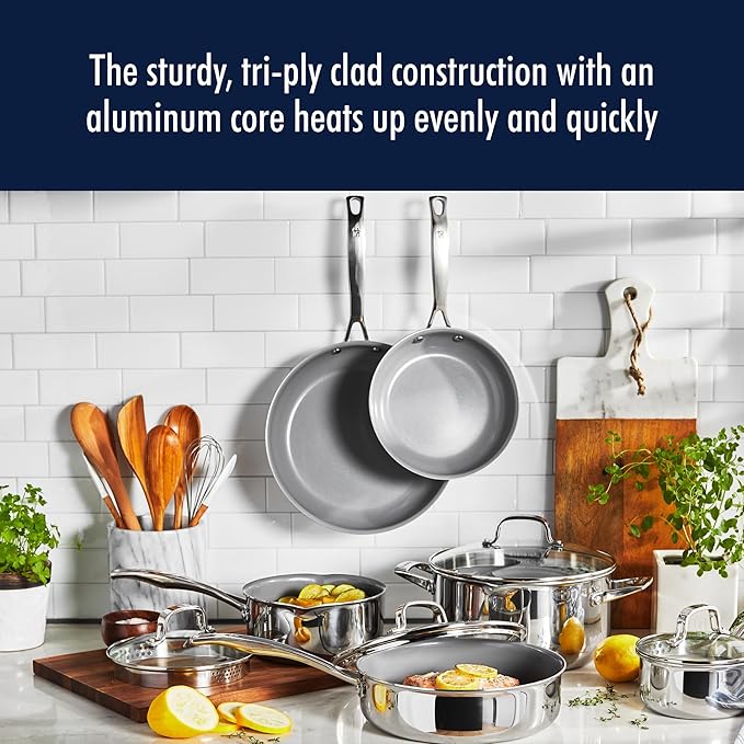 HENCKELS Clad H3 10-pc Induction Ceramic Nonstick Pot and Pan Set Stainless Steel Durable and Easy to clean