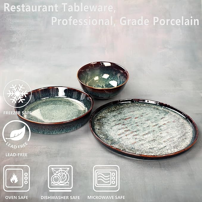Dinner Set 12 Pieces - Round Reactive Glaze Tableware - Kitchen Dinnerware Porcelain Crockery with Dinner Plate Bowl and Soup Plate Service for 4 Microwave Dishwasher Safe Set (No.4)