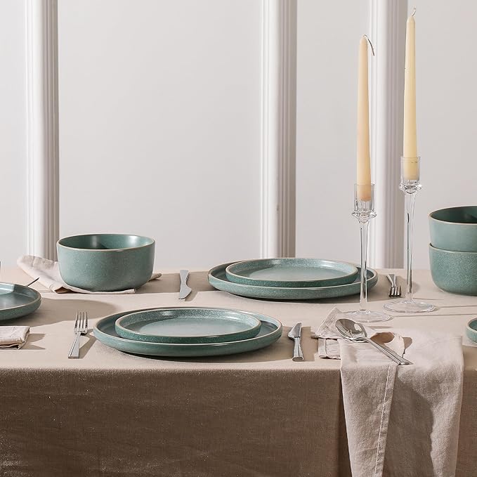 Earth &amp Clay Amber 24-Piece Dinnerware Set Stoneware Dishwasher and Microwave Safe Plates and Bowls Set Dish Set for 8 Green