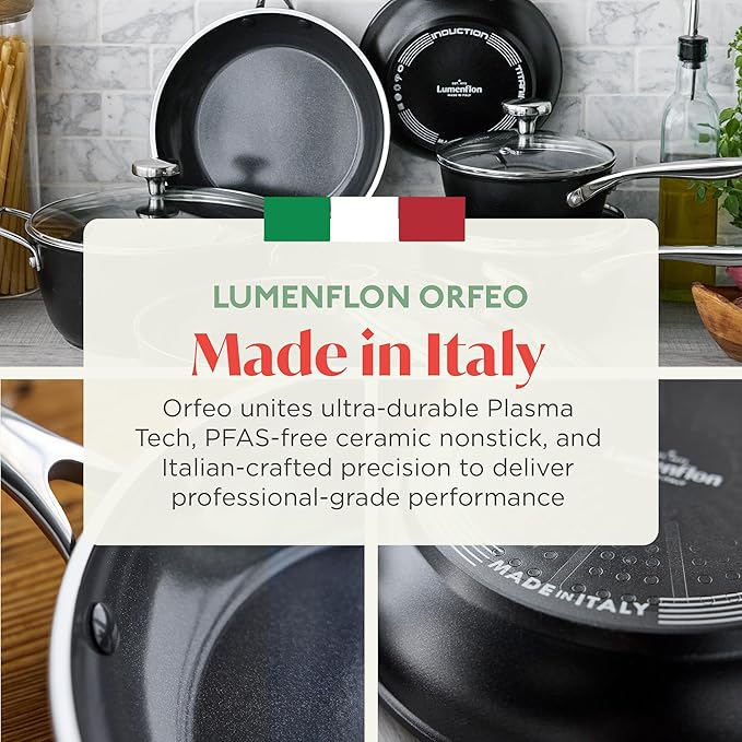 Orfeo 11” Nonstick Frying Pan Made in Italy Diamond Ceramic PFAS-Free Cookware Induction Ready Scratch Resistant Laser-Fused Surface for Durability Dishwasher Safe Black