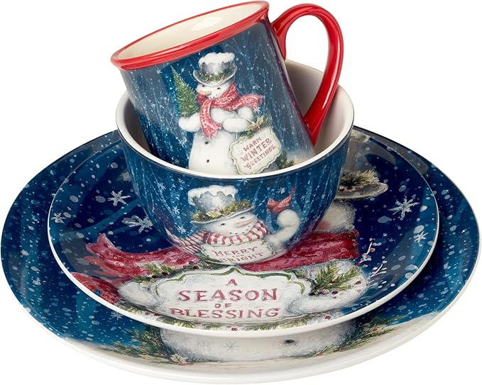 Certified International Snowman Greetings 16 Pc Dinnerware Set Service for 4