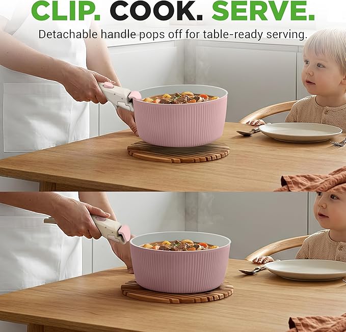 NutriChef 18-Piece Ceramic Cookware Set with Detachable Handles Non Stick Pots and Pans PTFE-Free Natural Ceramic Coating Space-Saving Design Oven &amp Stove Safe Includes Utensils Pink