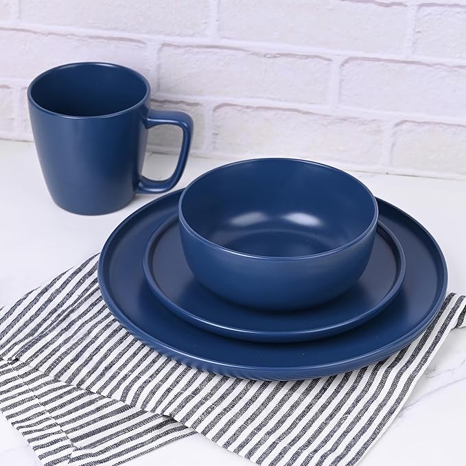 12-Piece Stoneware Dinnerware Set Blue Service for 4 Microwave &amp Dishwasher Safe Ceramic Plates and Bowls Set Durable Everyday Dishes for Home Kitchen