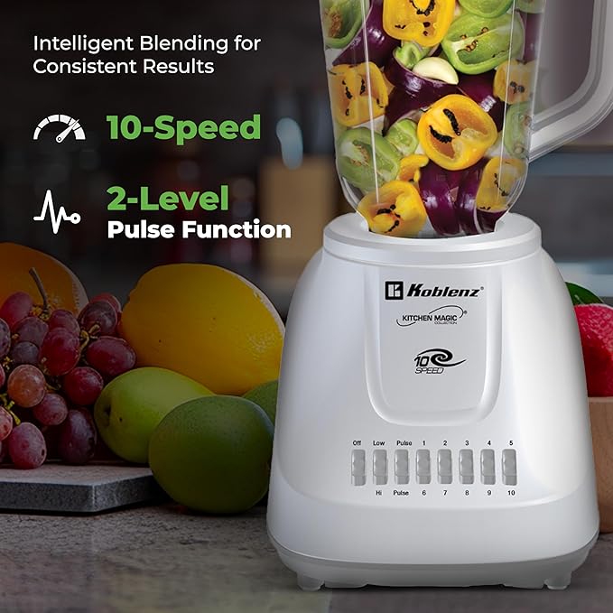 Koblenz 42 oz Plastic Jar Blender 10 Speed and 2 Pulses Countertop Blender with Stainless Steel Blades Perfect for Shakes and Smoothies 500-Watt Motor White LKM-5510 PB