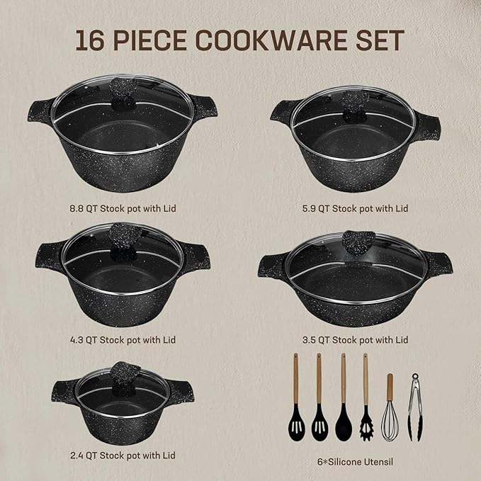 16PCS Cookware Set - Home Nonstick Stock Pot with Glass Lid Pots and Pans Set Cooking Pots Set Cast Aluminum Stay Cool Handles Dishwasher Safe PTFE/PFOA Free Speckled Black