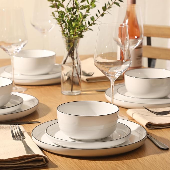 Gibson Home Oslo 12-Piece Porcelain Dinnerware Set – Dinner Plates Salad Plates &amp Bowls Classic White With Black Rim Everyday Dish Set for Home Kitchen Microwave &amp Dishwasher Safe
