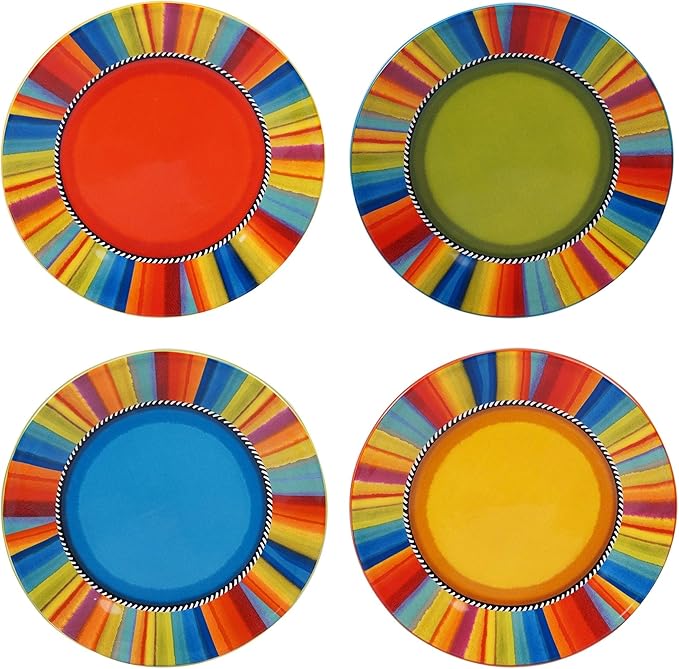 16-piece Dinnerware Set (Service For 4) Multi Color Red White Stripe Casual Modern Contemporary Round Ceramic 16 Piece Dishwasher Safe Microwave