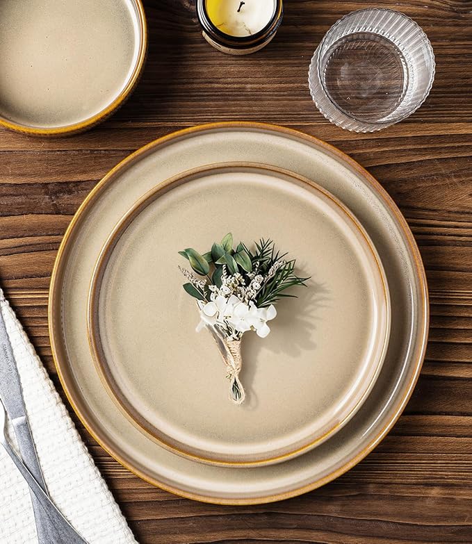 TheTerra Ceramic Dinnerware Sets for 6 18 Pieces Porcelain Lightweight Plates and Bowls Sets Scratch Resistant Dish Set Oven &amp Microwave &amp Dishwasher Safe Creamy Amber
