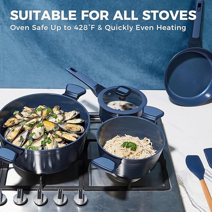 HONGBAKE 26 Pcs Pots and Pans Set Non Stick Non Toxic Ceramic Cooking Set With 10 Silicone Utensils Kitchen Induction Cookware &amp Bakeware Sets with Diamond Texture Pattern PFOA Free Blue
