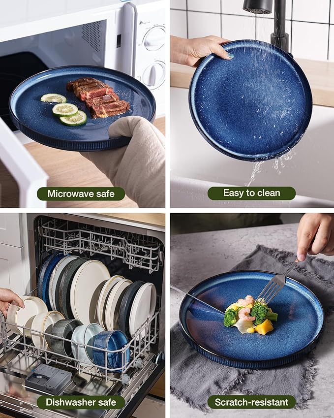 Famiware Star Dinnerware Set with Mugs Service for 6 (24 Pieces) Ribbed Stoneware Plates and Bowls Dishes Sets - Chip &amp Scratch Resistant Microwave &amp Dishwasher Safe Nebulas Blue