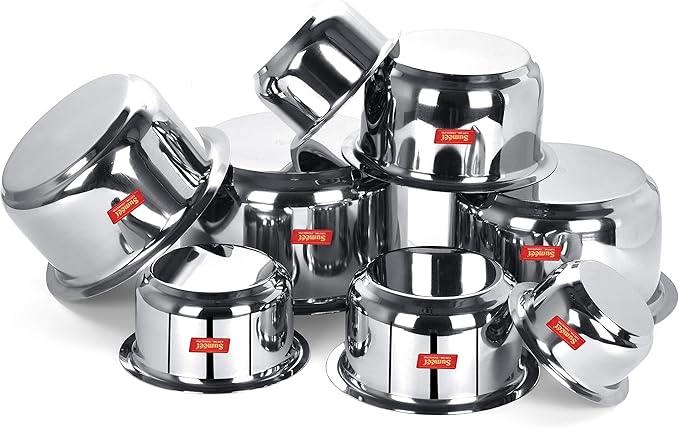 Sumeet Stainless Steel Mini to Big Size Flat Bottom Induction &amp Gas Stove Friendly Tope/Patila/Cookware Set of 8Pcs (370ML 550ML 800ML 1100ML1400ML 1800ML 2300ML 3000ML)