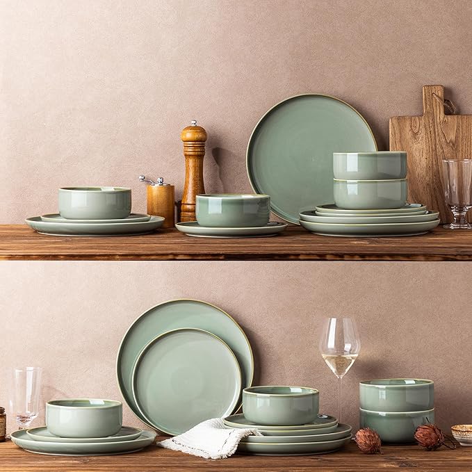 TheTerra Ceramic Dinnerware Sets for 4 12 Pieces Handmade Reactive Glaze Plates and Bowls Set Scratch Resistant Dish Set Oven &amp Microwave &amp Dishwasher Safe Eucalyptus