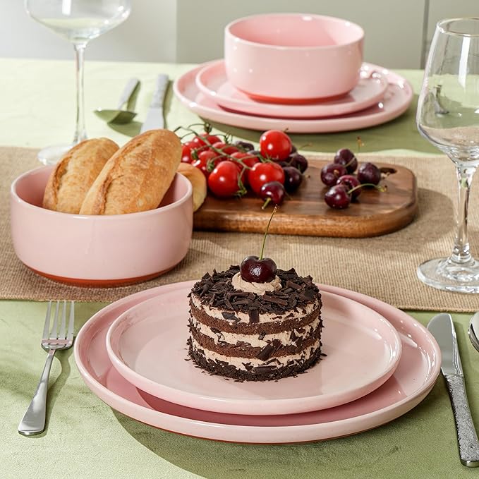 Plates and Bowls Sets 12 Piece Ceramic Dinnerware Set for Family and GatheringsDishes Set for 4Dishwasher &amp Microwave Safe Handcrafted Dishware SetsElegant Pink