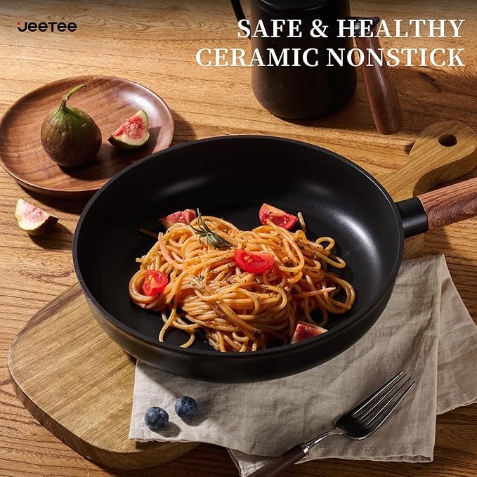 JEETEE Ceramic Cookware Set 13 Pcs Pots and Pans Set Nonstick with Rotation Removable Handles Healthy Non-Toxic Cooking Set for All Stoves Stackable Pots Pans Oven Safe PFOA/PFOS Free Black