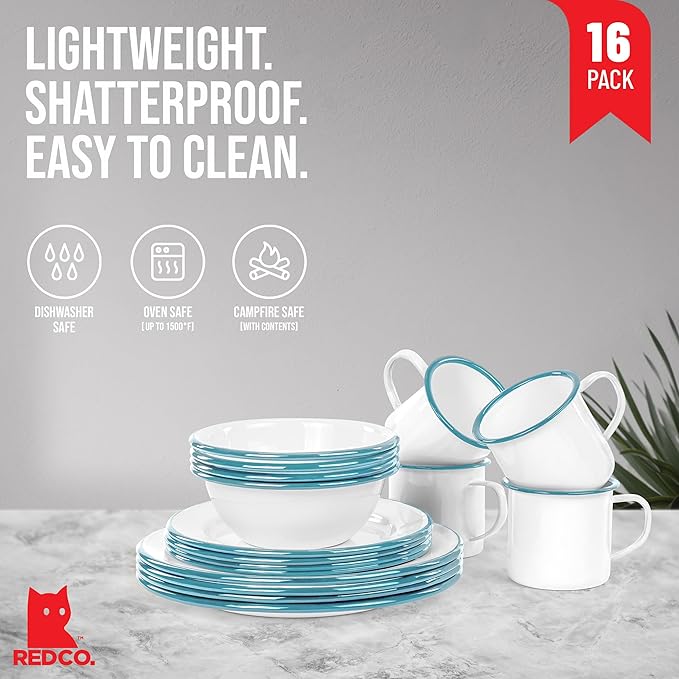 Red Co. 16-Piece Enamelware Metal Dinnerware Set for 4 Solid White/Teal Rim