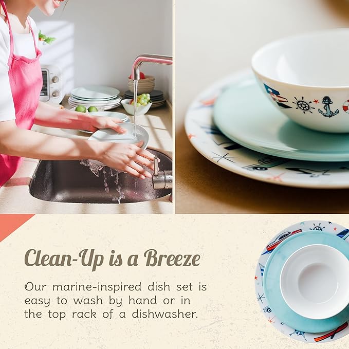 Melamine Dinnerware Sets - 6-pc Marine Dish Set - 2 Bowls 2 Salad &amp 2 Dinner Melamine Plates for Indoor &amp Outdoor - BPA Free Dishwasher Safe Shatter-Res Dinnerware Set - Camping Dishes Cam