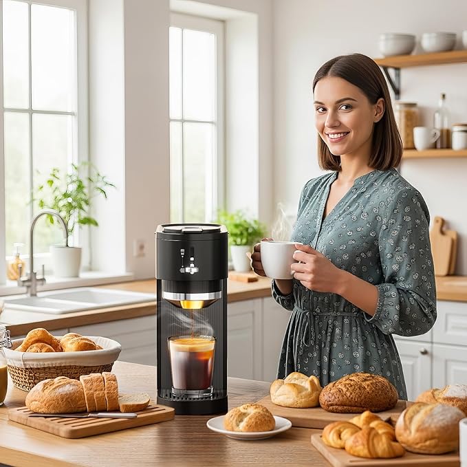 WAA 2-in-1 Single Serve Coffee Maker for Both Capsule &amp Ground Adjustable Funnel 6-14oz Brew One-Touch Switch Safe &amp Easy Clean Perfect for Home/Office.